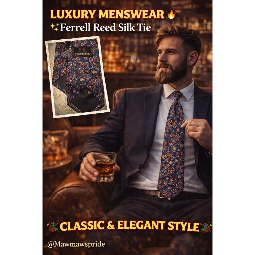 Ferrell Reed Silk Paisley Tie Blue Purple Gold‎ Handmade USA Italian Fabric Mens